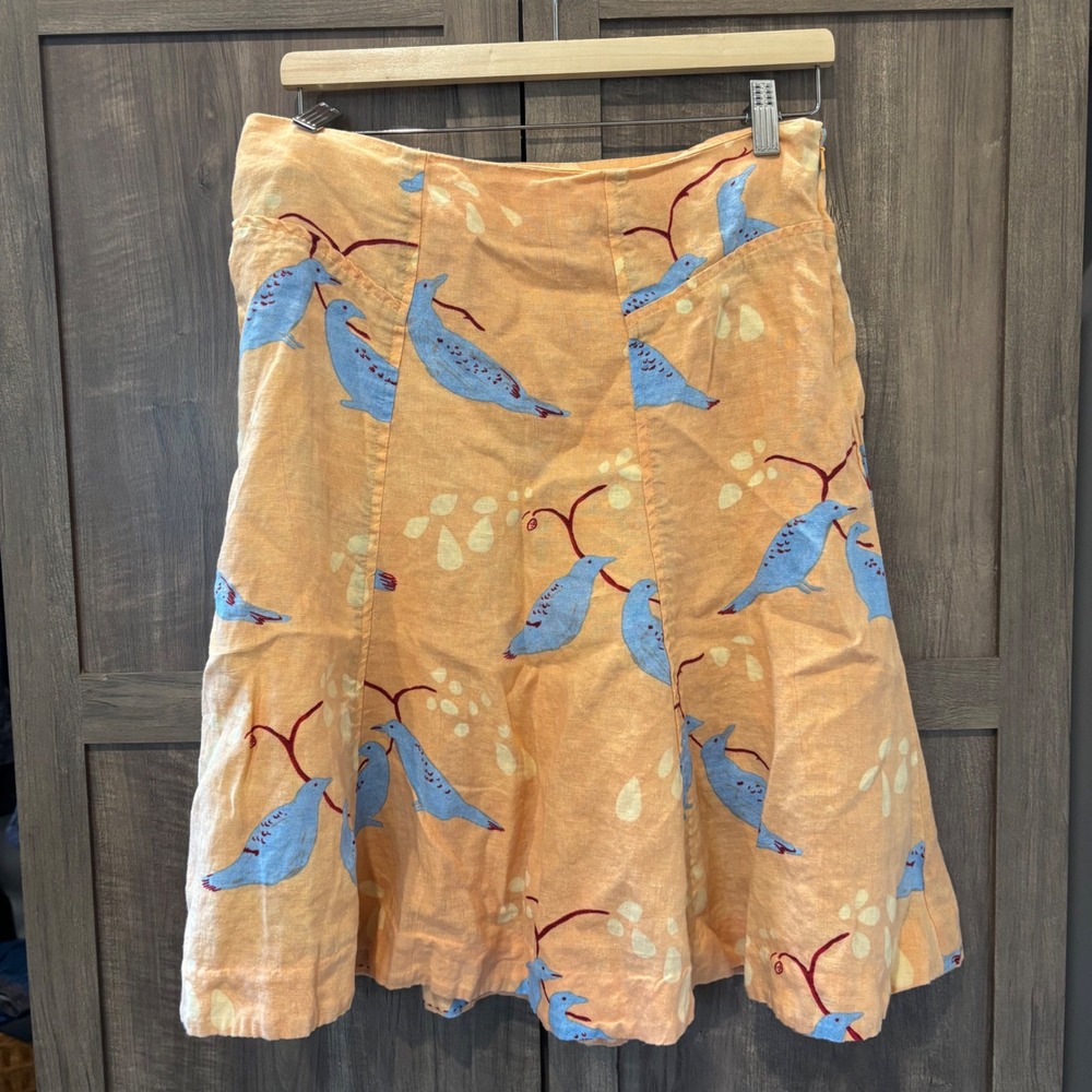 Meadow Rue Anthropologie Linen Bird Print A-Line Skirt Peach Orange Blue Size 6